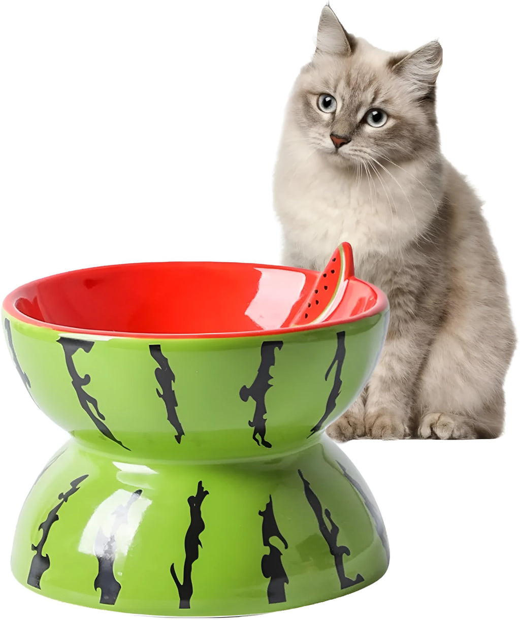 Ceramic raised cat bowl with tilted design in orange pattern, elevated 5 inches from base