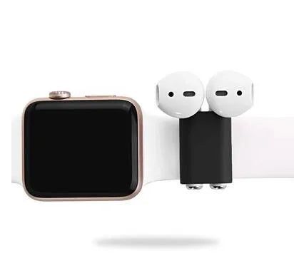 Silicone anti-lost holder strap for AirPods attached to a watch band, available in black blue pink white colours