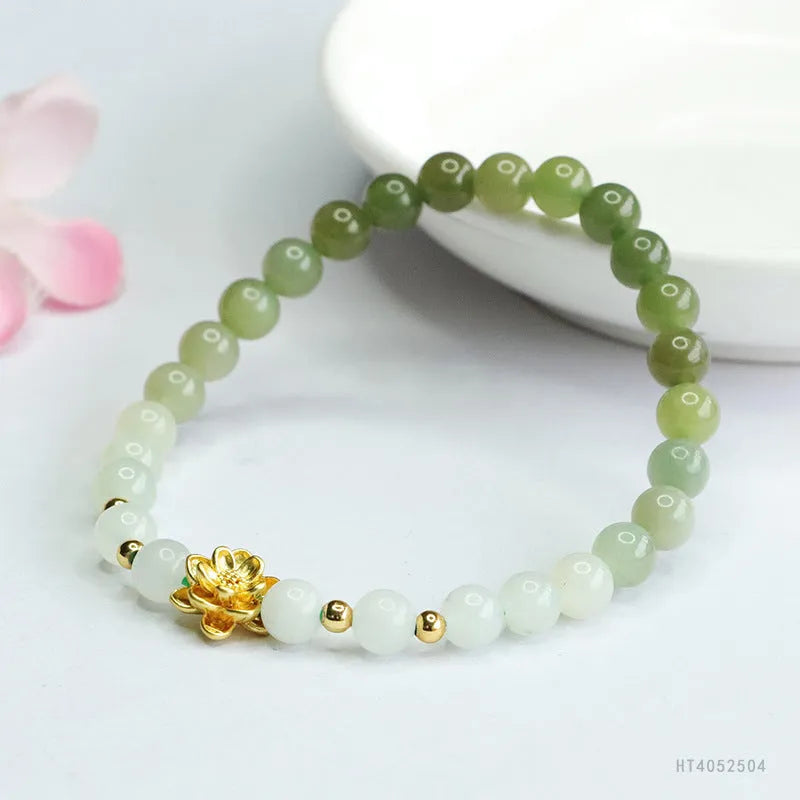 Hand-woven national style bracelet with natural Hetian jade gradient beads in floral pattern design