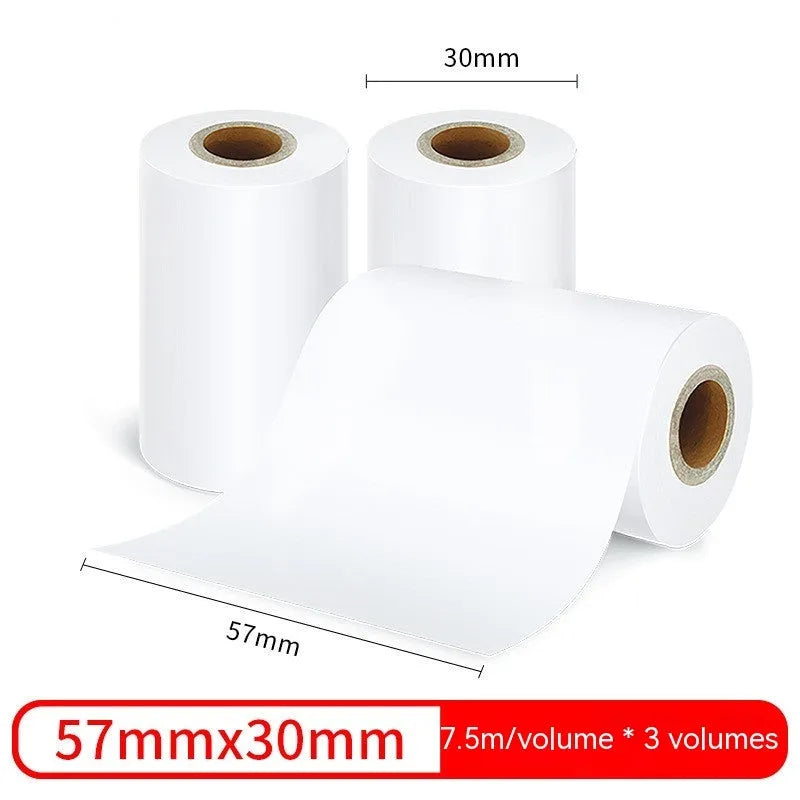 Three rolls of white 57mm wide thermal paper with a 30mm diameter, packaged together in a box.