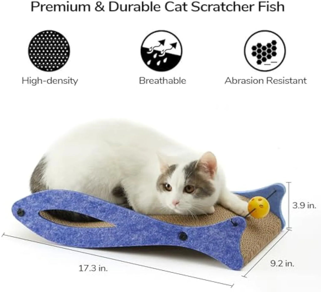 Blue fish-shaped cat scratcher pad with wavy design and hanging bell ball toy