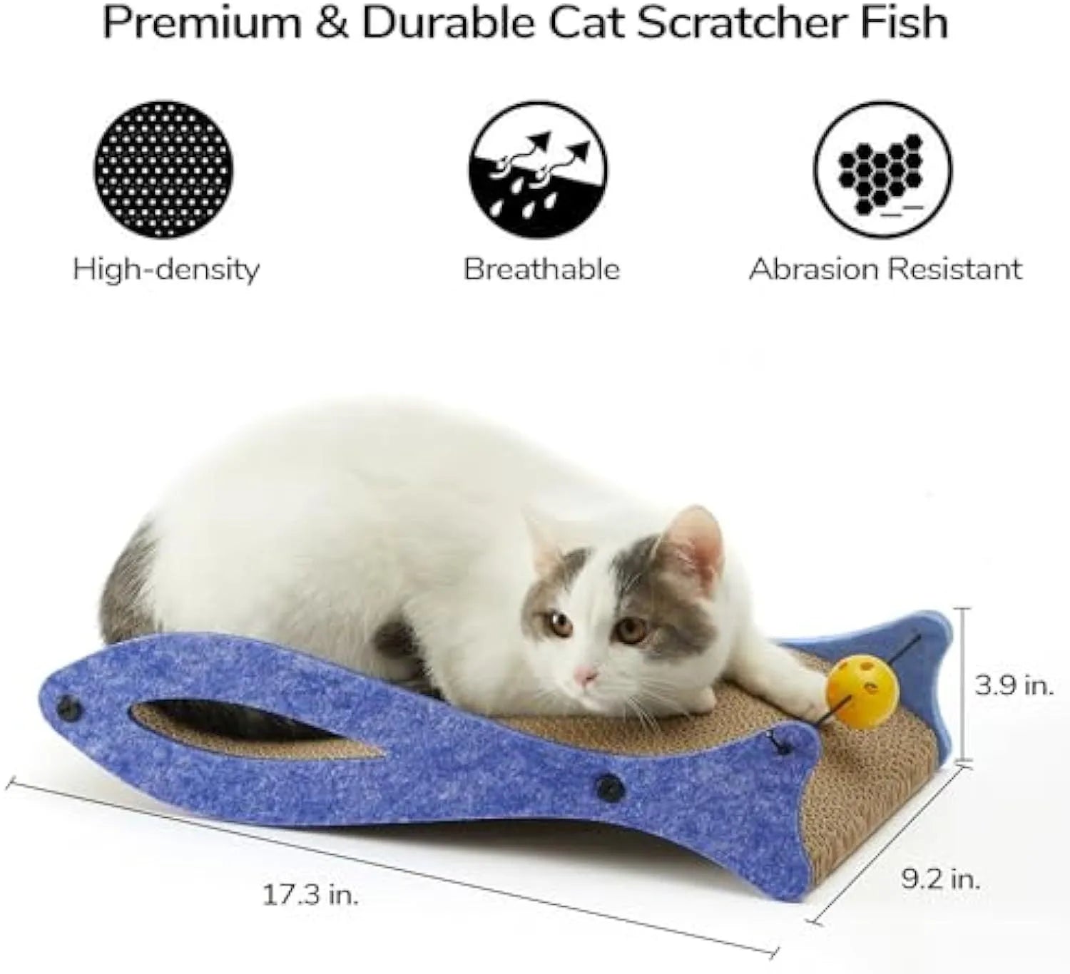 Blue fish-shaped cat scratcher pad with wavy design and hanging bell ball toy