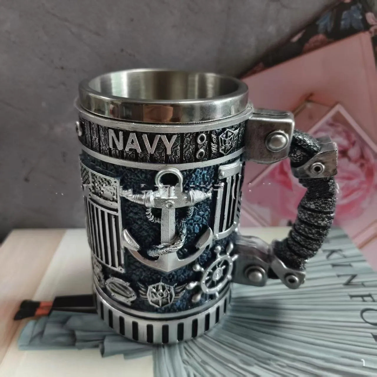 Creative resin stainless steel wine glass mug in modern simplicity style, showing Type A colour option on a neutral background
