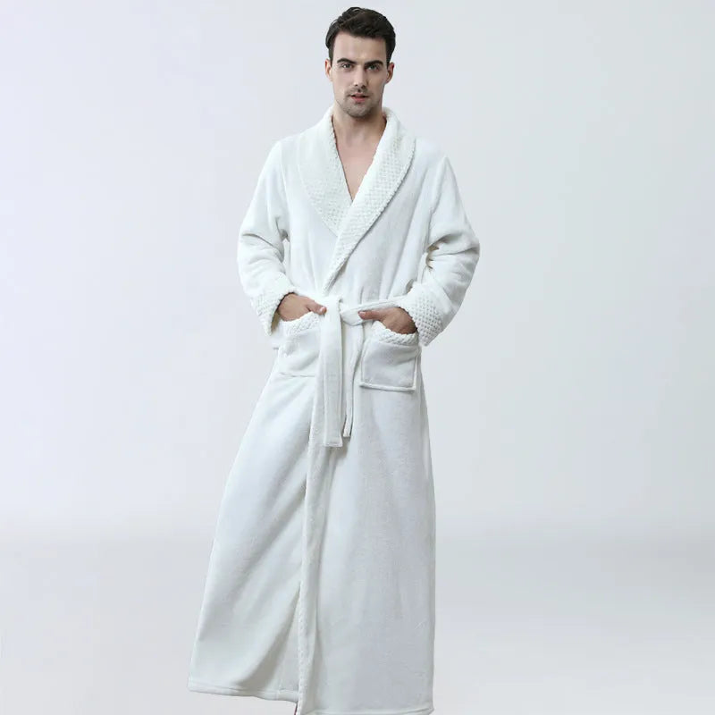 Men's winter flannel nightgown in gray with cardigan style, long sleeves, and knitted texture