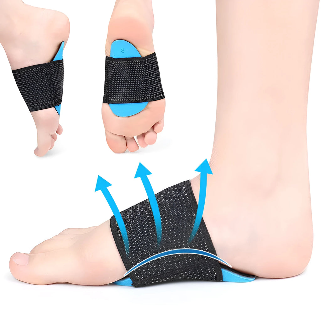 Blue elastic bandage foot pad with arch support for flat feet in adult and children sizes