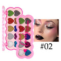 Heart-shaped ten-colour eye shadow palette with pearlescent sequin finishes in white, beige, pink, purple, brown, blue, black, royal blue, maroon, and coral.