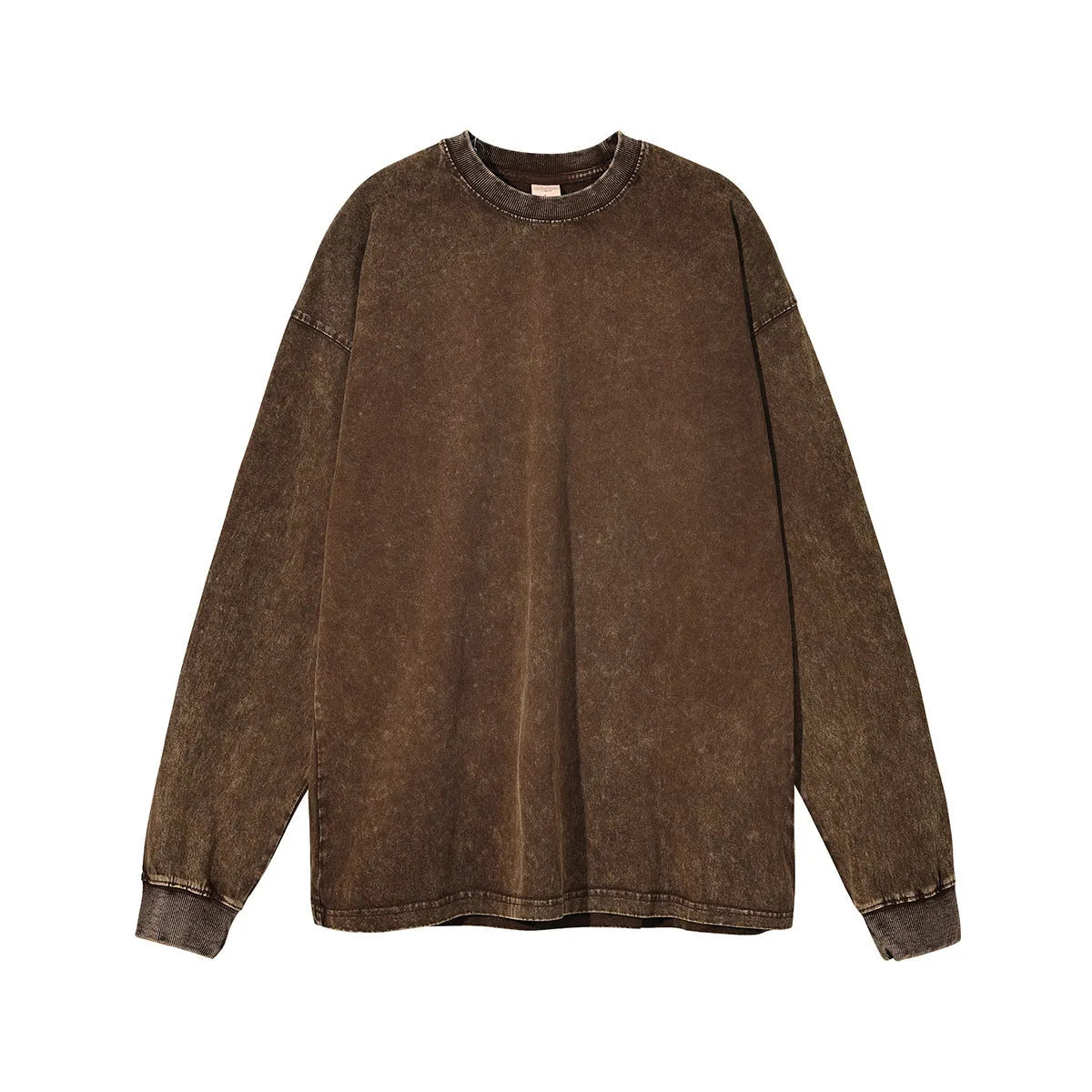 Man wearing a vintage washed batik-colour cotton long sleeve pullover with a loose, relaxed fit.