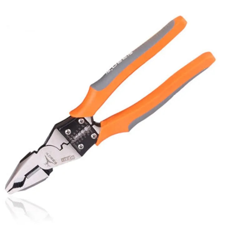 Orange handled multi-function wire cutter pliers with forged steel jaws on a workbench.