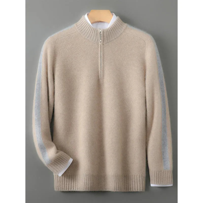 Half-zip round neck slim fit sheep wool knitted sweater in grey.
