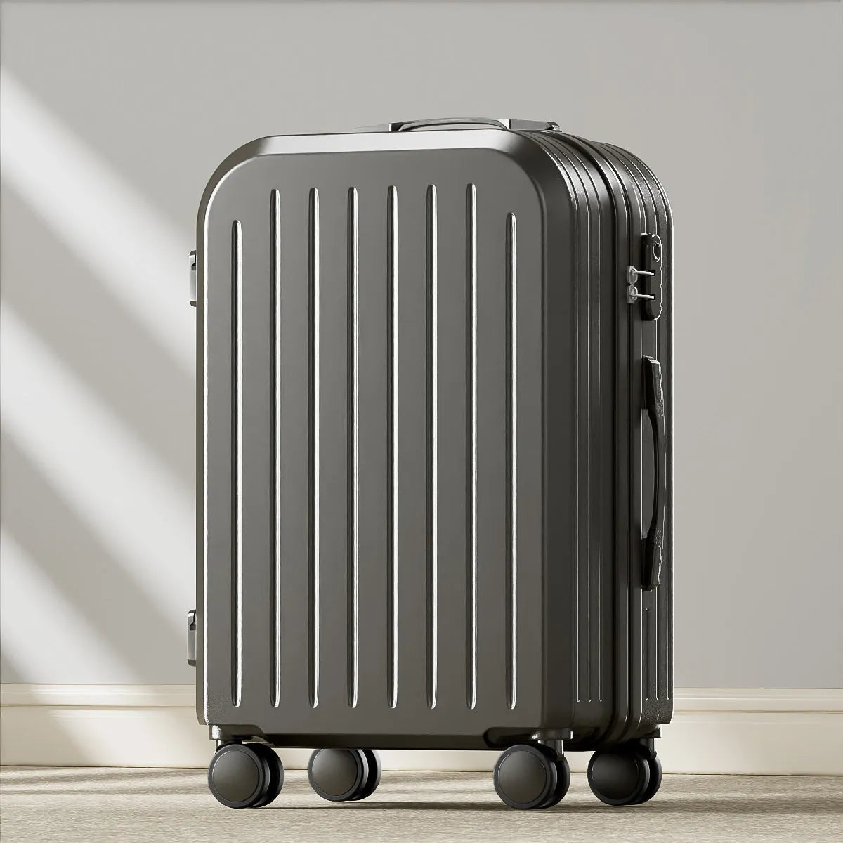 Small lightweight password suitcase trolley case with striped pattern and universal wheels in multiple colours