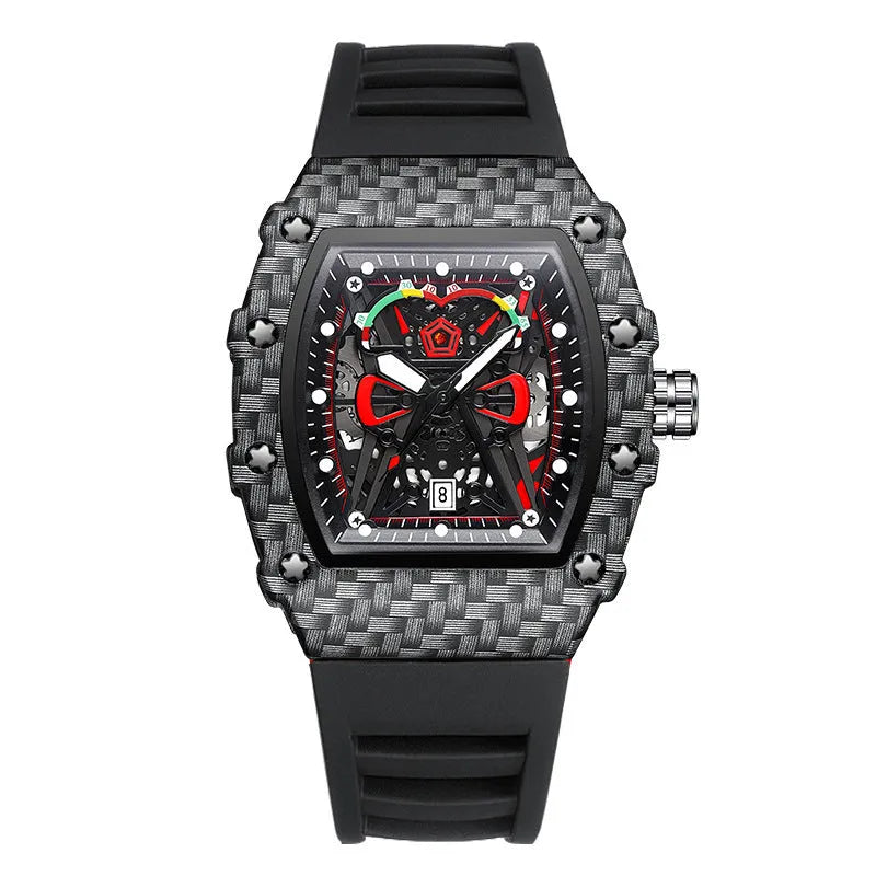 Trendy waterproof luminous men's quartz watch with black shell and red belt, alloy case, 18mm thickness