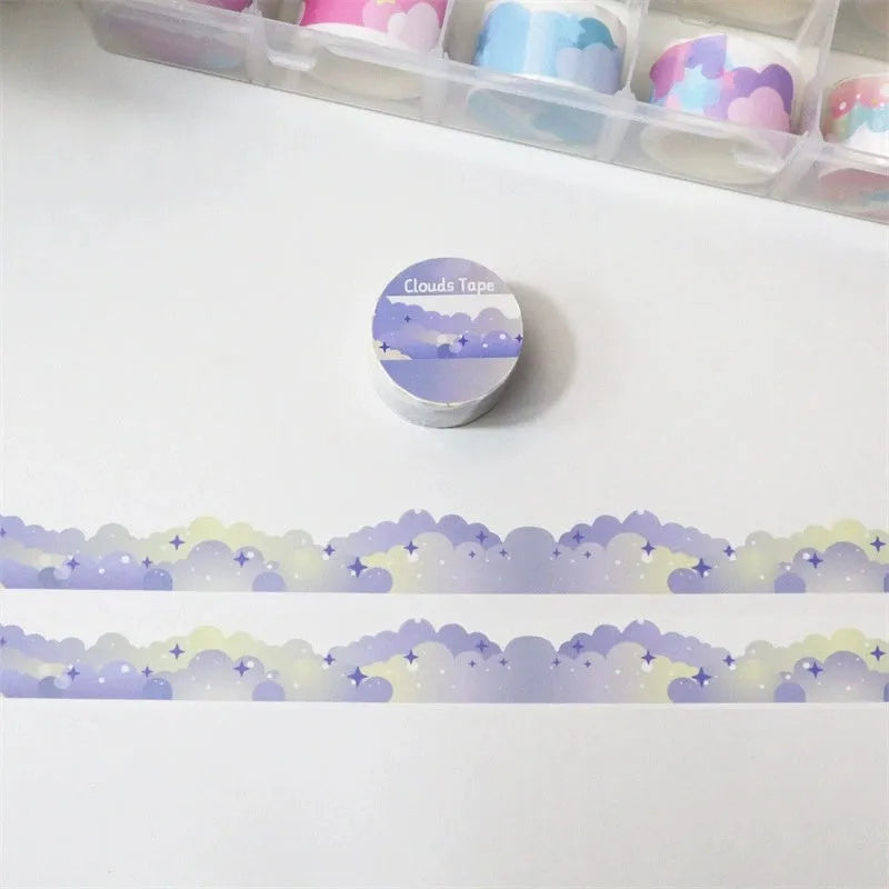 Roll of washi tape with stars and clouds border pattern, 24mm wide, in one of nine colour options
