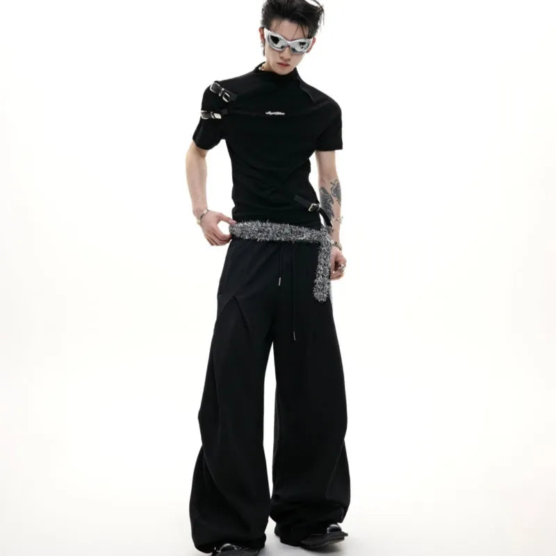 Men's slim fit cotton T-shirt with metal belt design and small stand-up collar