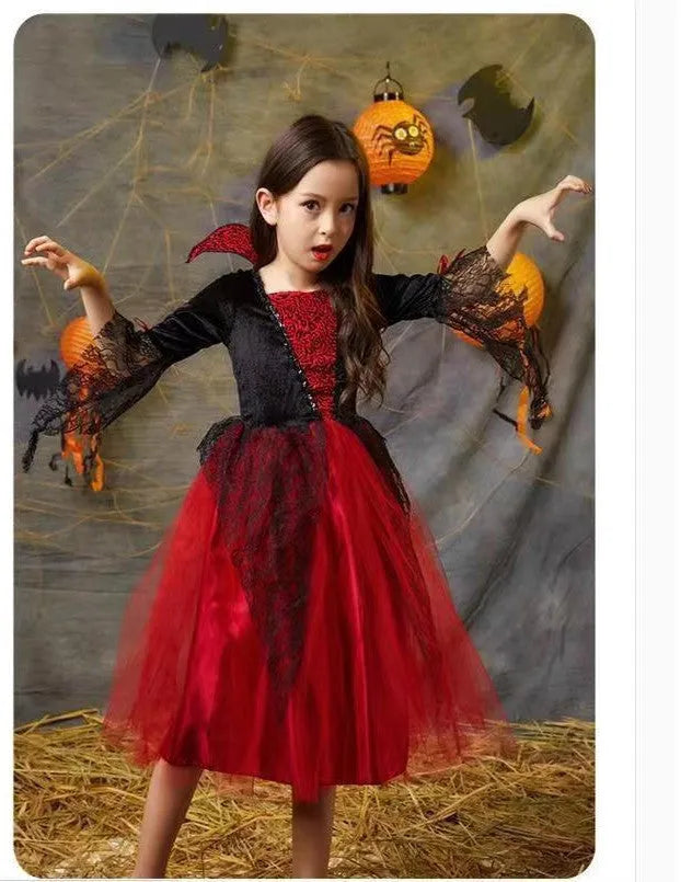 Unisex children's Halloween witch costume suit with cape and free headdress, polyester blend fabric, available in sizes 90-170cm