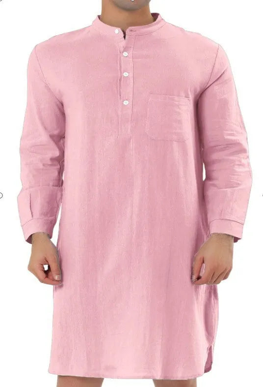 Men's button-front cotton robe in light blue with large patch pockets, shown in size medium.