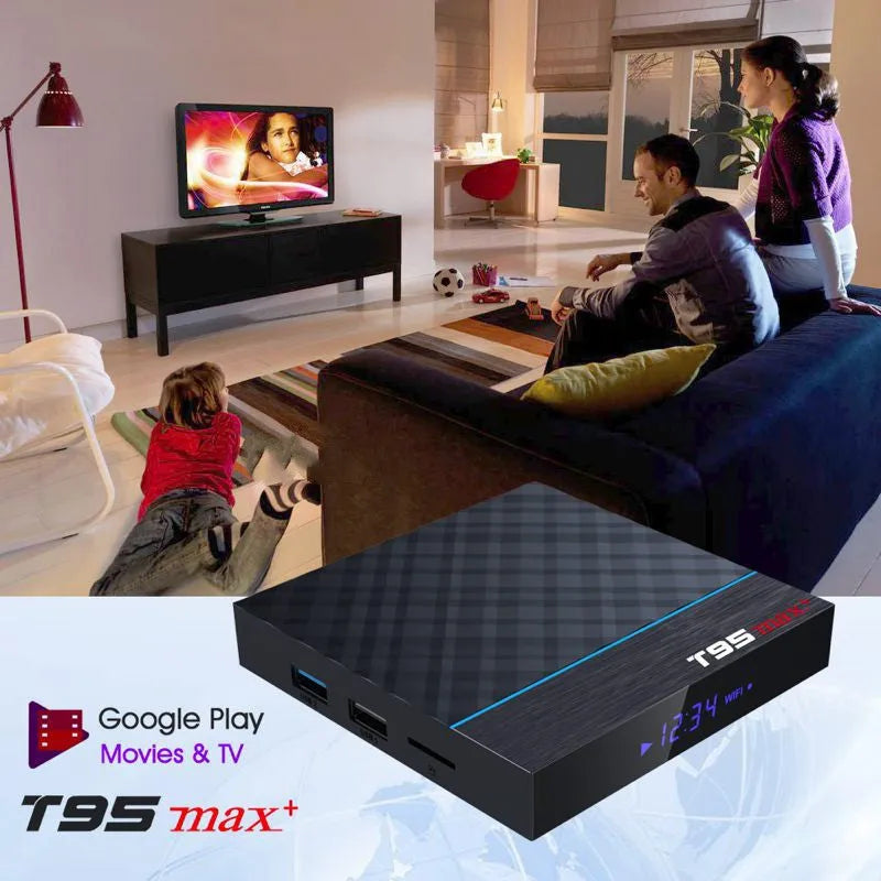 Black T95 Max Plus Android TV box unit with remote, showing UK power plug variant.
