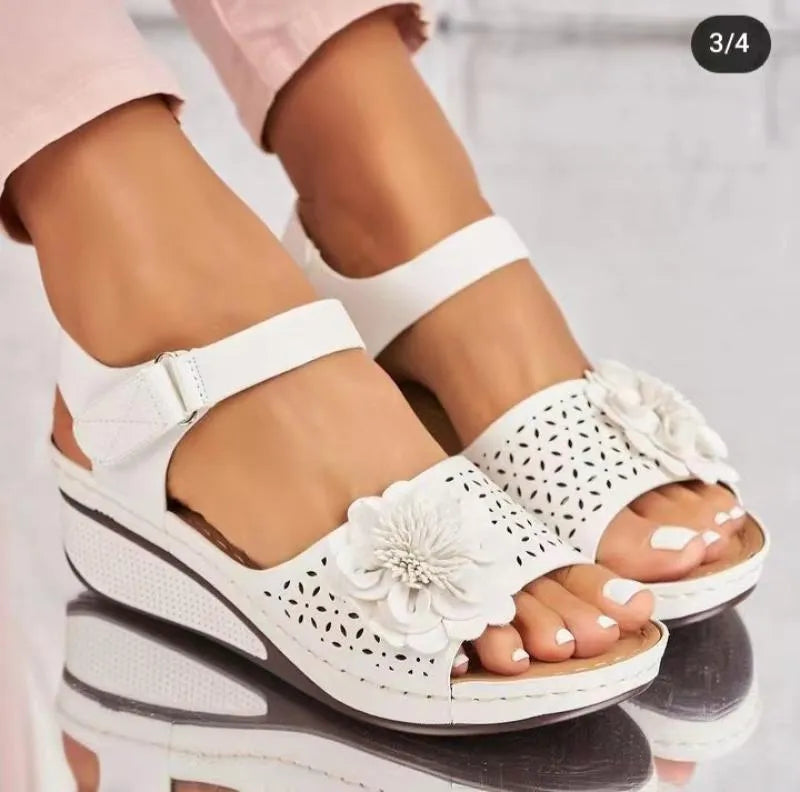 Women's plus size hollow-out flower platform wedge sandals in first layer cowhide with ankle buckle, beige colour