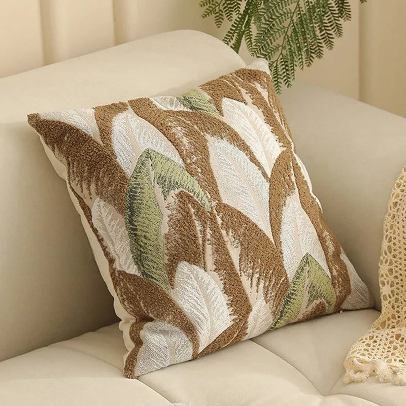 45cm square Jacquard cushion cover with Nordic plant and flower pattern in a retro colour.