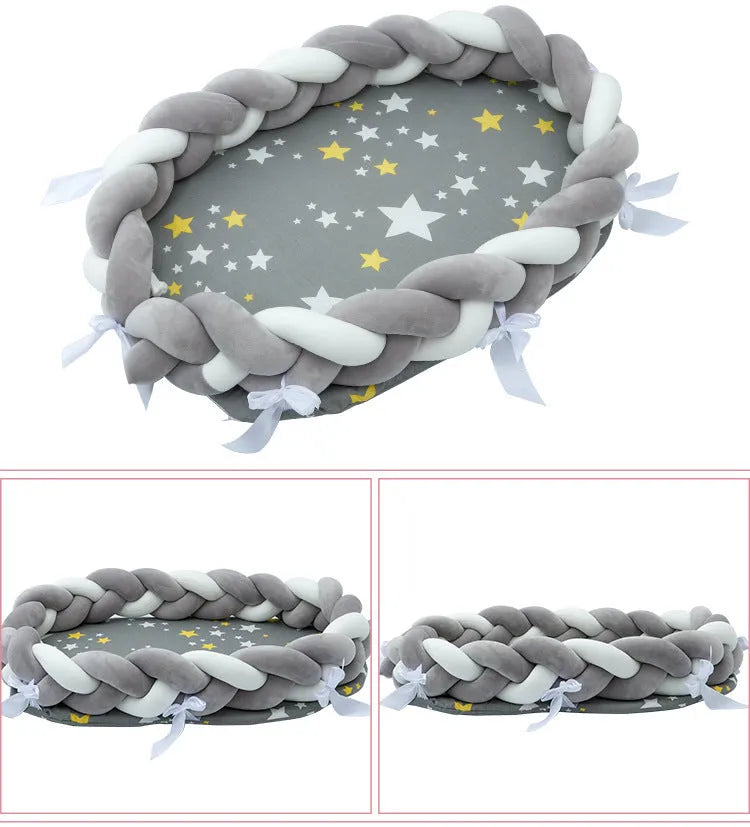Woven twist baby bionic bed in cotton, available in Green, Star, and Yellow colours