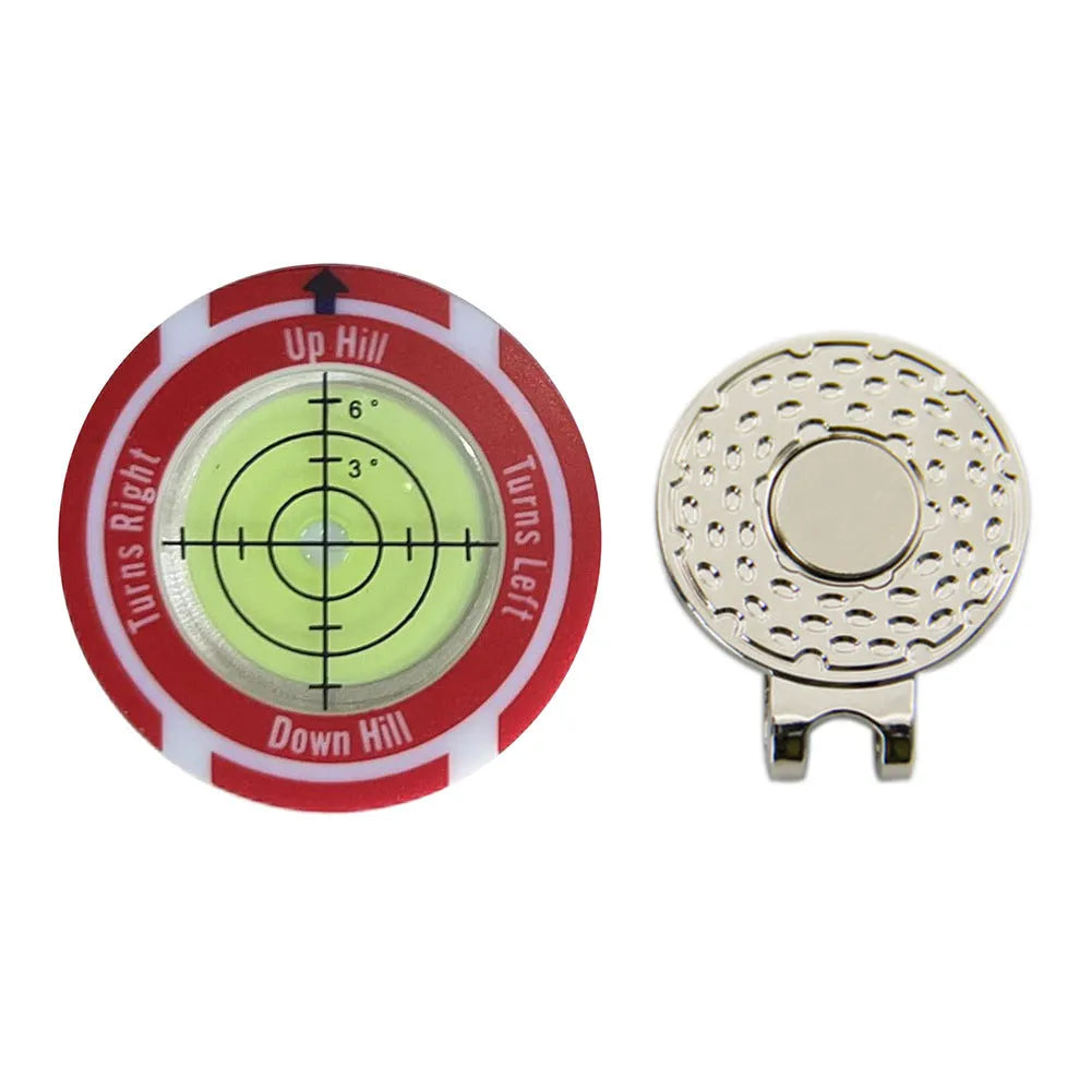Golf level hat clip with bubble vial and position mark, shown in multiple colour variations.