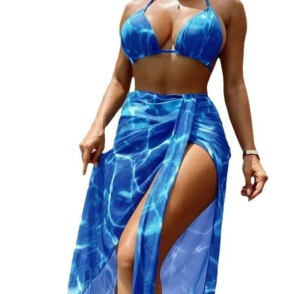 Floral three-piece bikini swimsuit for women in polyester with top, pants, and skirt in blue