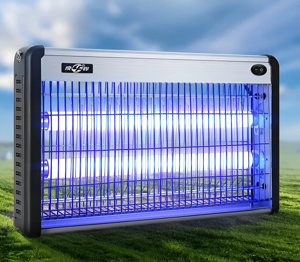 White plastic electric mosquito killer lamp with UV light tubes and metal electric grid for indoor insect control