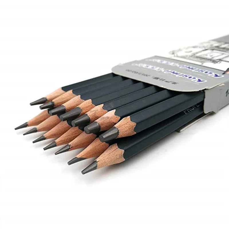 Set of 14 black graphite drawing pencils in a box, each labelled with grade from 6H to 12B, 18cm length