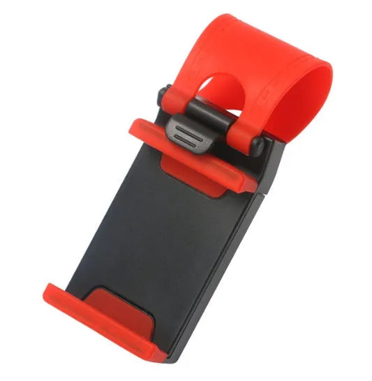 Universal car steering wheel clip mount holder for smartphones and GPS devices in black or red