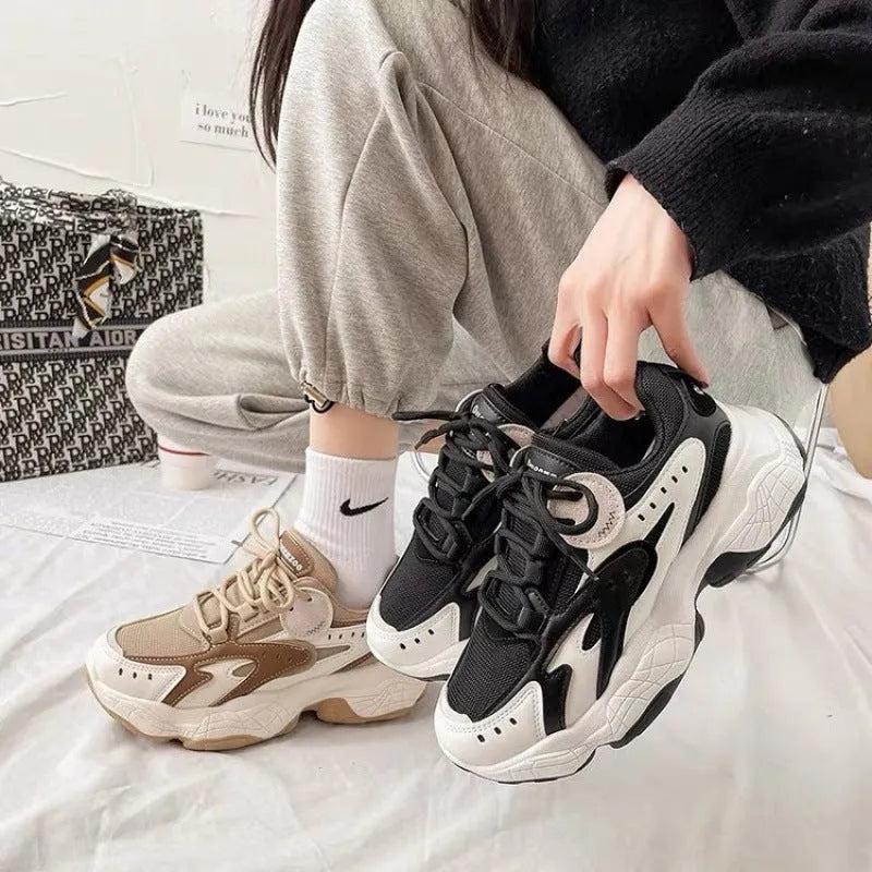 Women's colourblock sneakers with black mesh upper, super high heel, cross shoulder strap, and lace-up closure