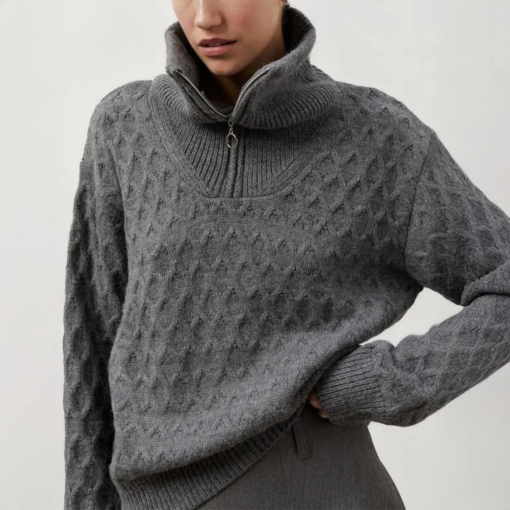 Women's high-neck half zip pullover sweater in apricot with crochet details on front