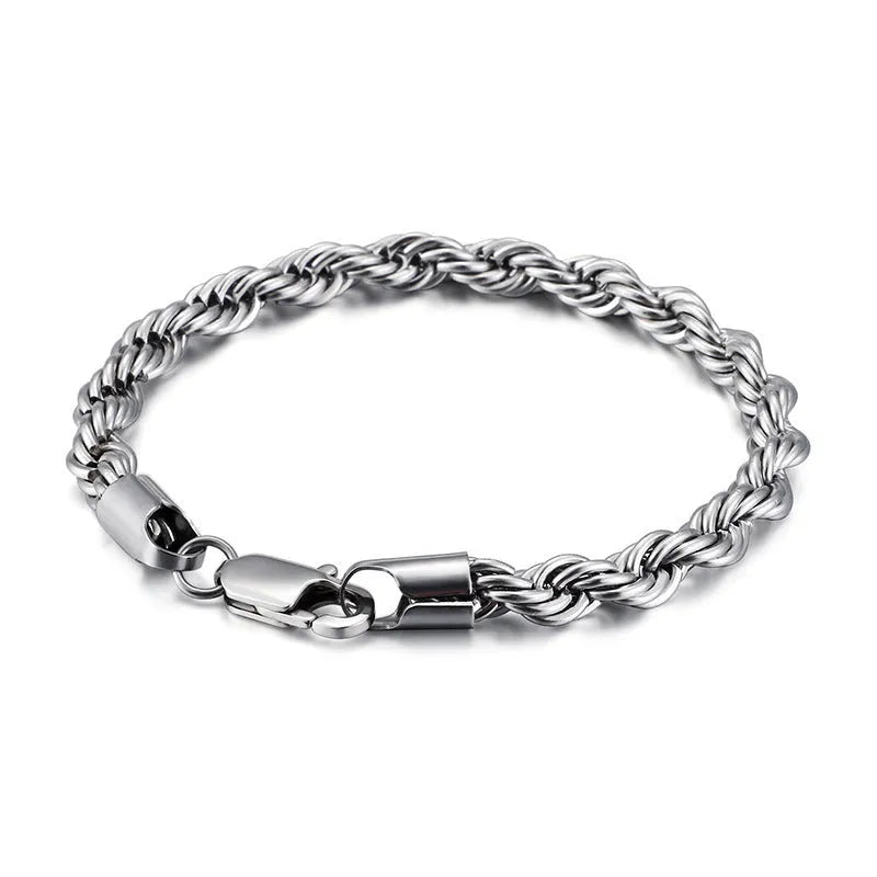Gold double colour twist chain titanium steel bracelet with geometric design on white background