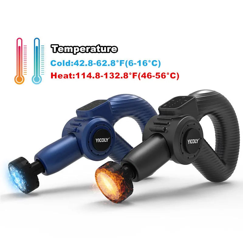 Black smart muscle massage gun with five attached heads for hot, ice, and percussion therapy