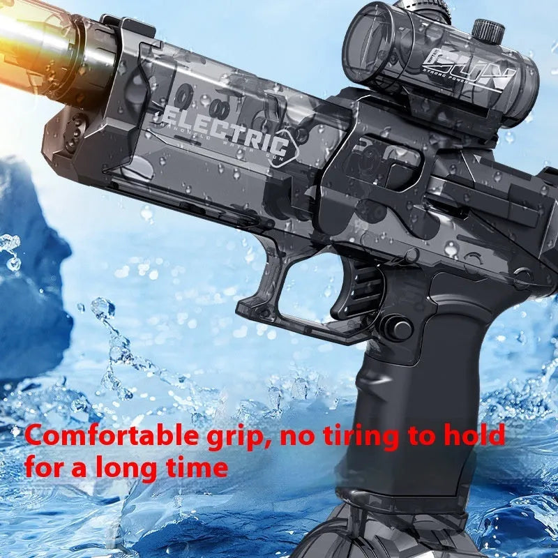 Fire Rat electric water pistol toy with LED lights showing water spray demonstration