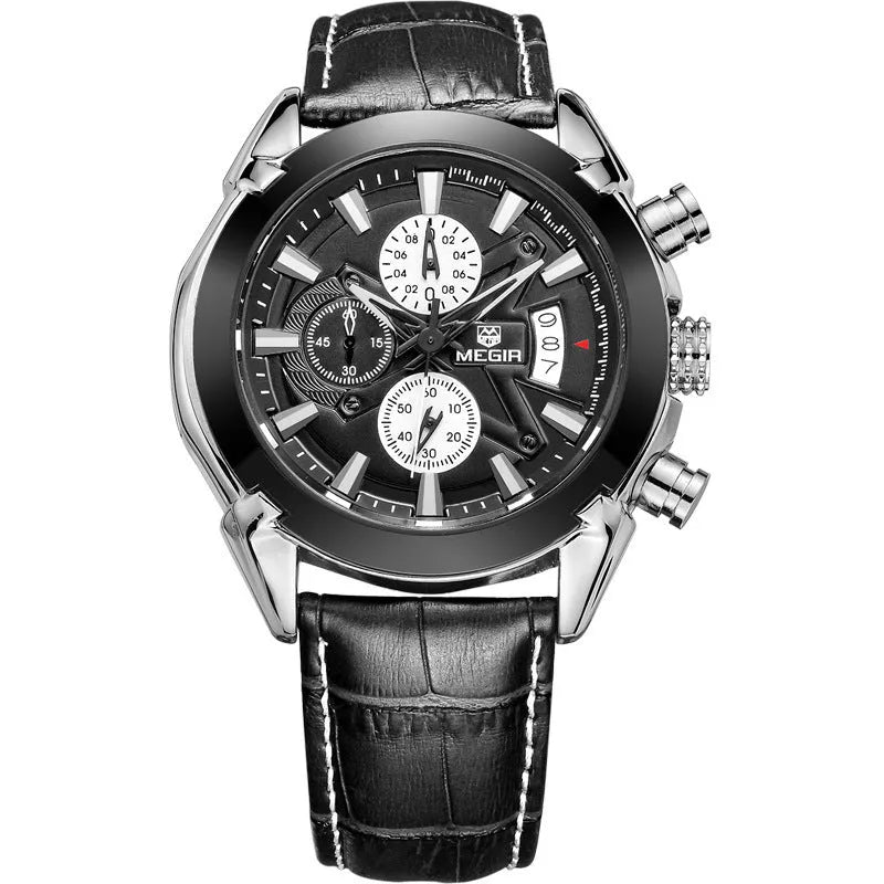 Men's multifunctional quartz watch with three subdials, waterproof construction, and luminous dials in black or brown colour options