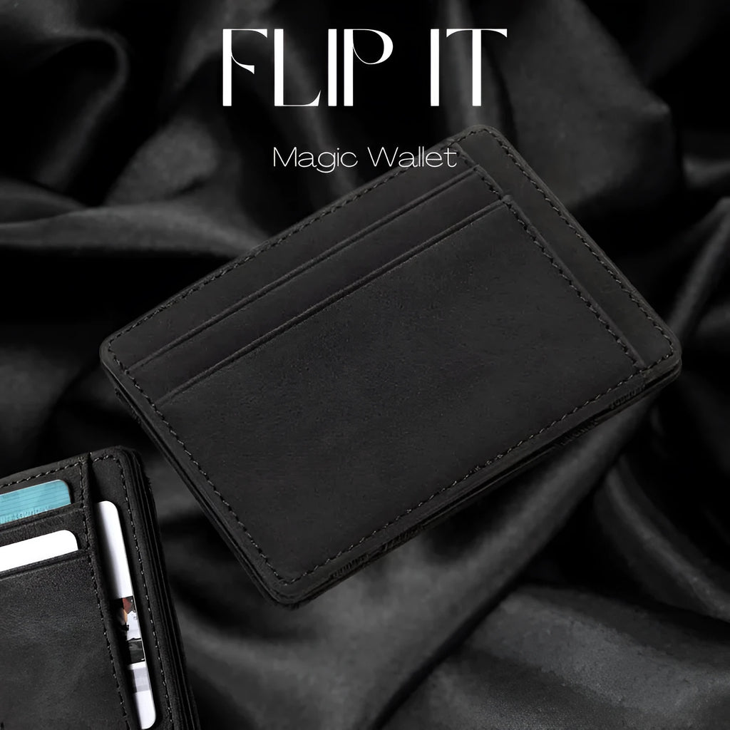 PU creative magic wallet in solid colour showing flip card holder and zipper coin purse with sewing line details.