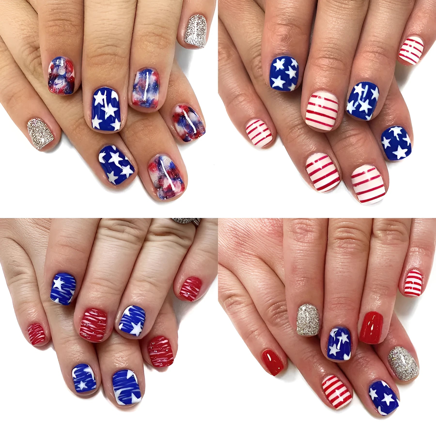 Finished nail tips with glitter red and blue multicolor Independence Day pattern