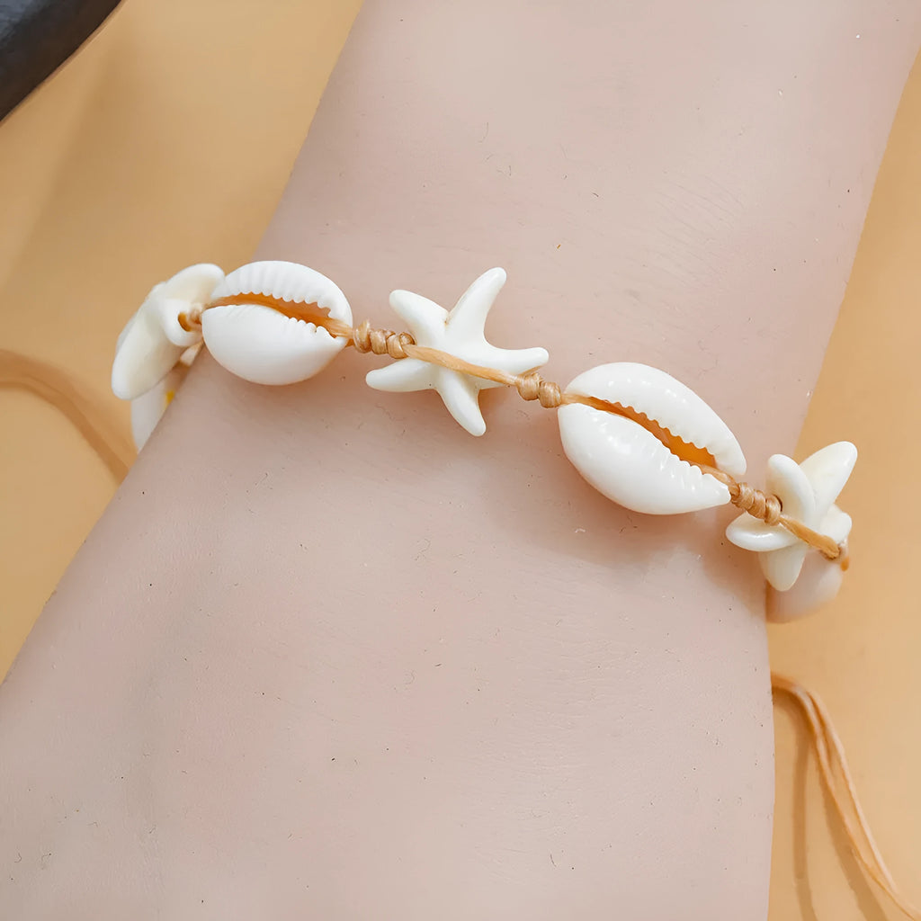 Hand-woven starfish shell bracelet in beige cord, unisex DIY style