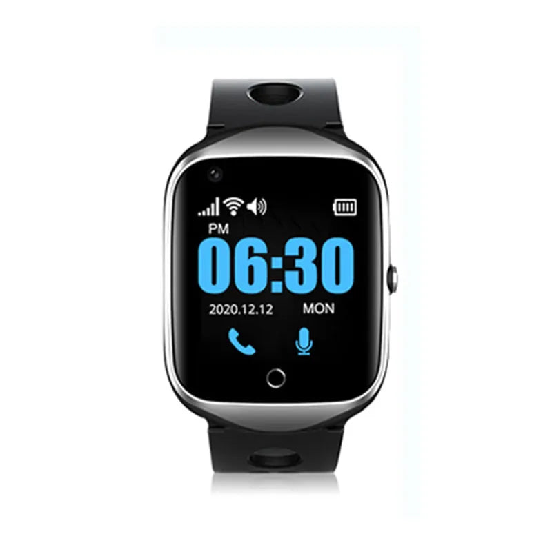 Elderly smartwatch with square 1.3-inch screen and silicone strap shown in black colour