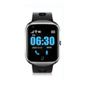 Elderly smartwatch with square 1.3-inch screen and silicone strap shown in black colour