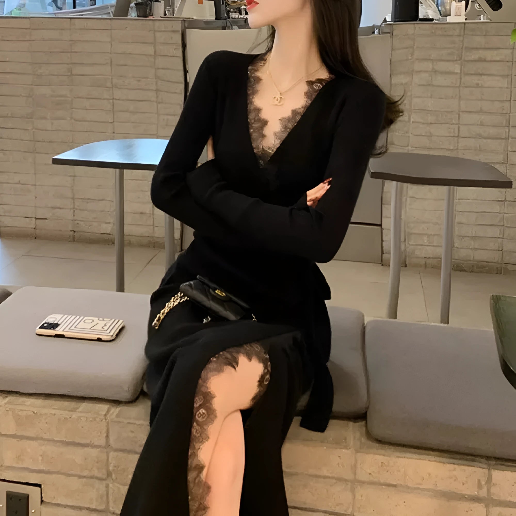 Women's black slim fit woolen skirt with princess dress silhouette and free size design
