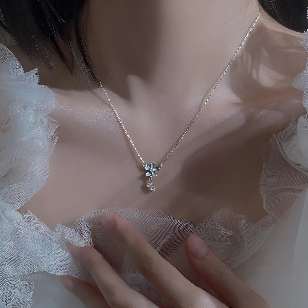 999 sterling silver flower pendant necklace with white nano anti-oxidation finish on adjustable cross chain