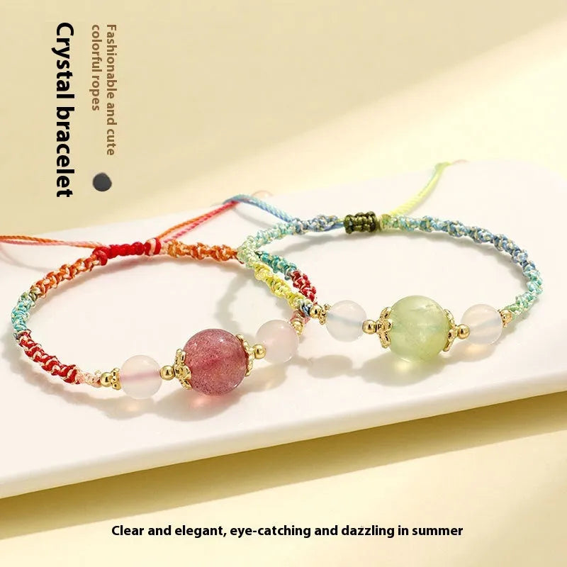 Hand-woven white agate and prehnite couple bracelet with 12mm diamond-shaped beads and electroplated finish on woman's wrist