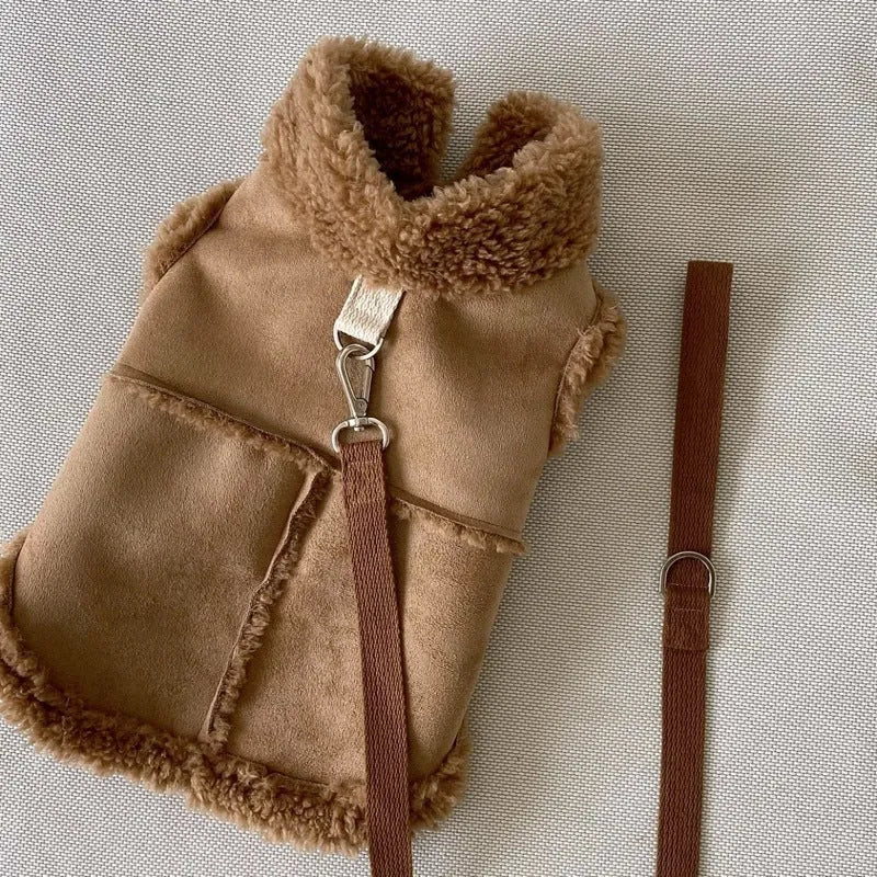 Pet autumn winter traction warm vest in brown, showing back length and slip-on design for small dogs