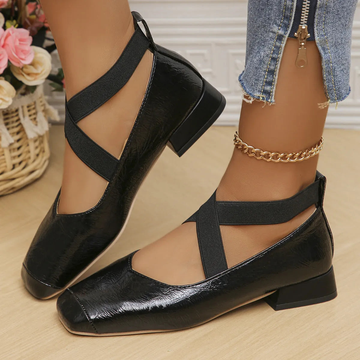 Slip-on French evening pumps with skirt, low heel, square toe, artificial PU upper, available in black