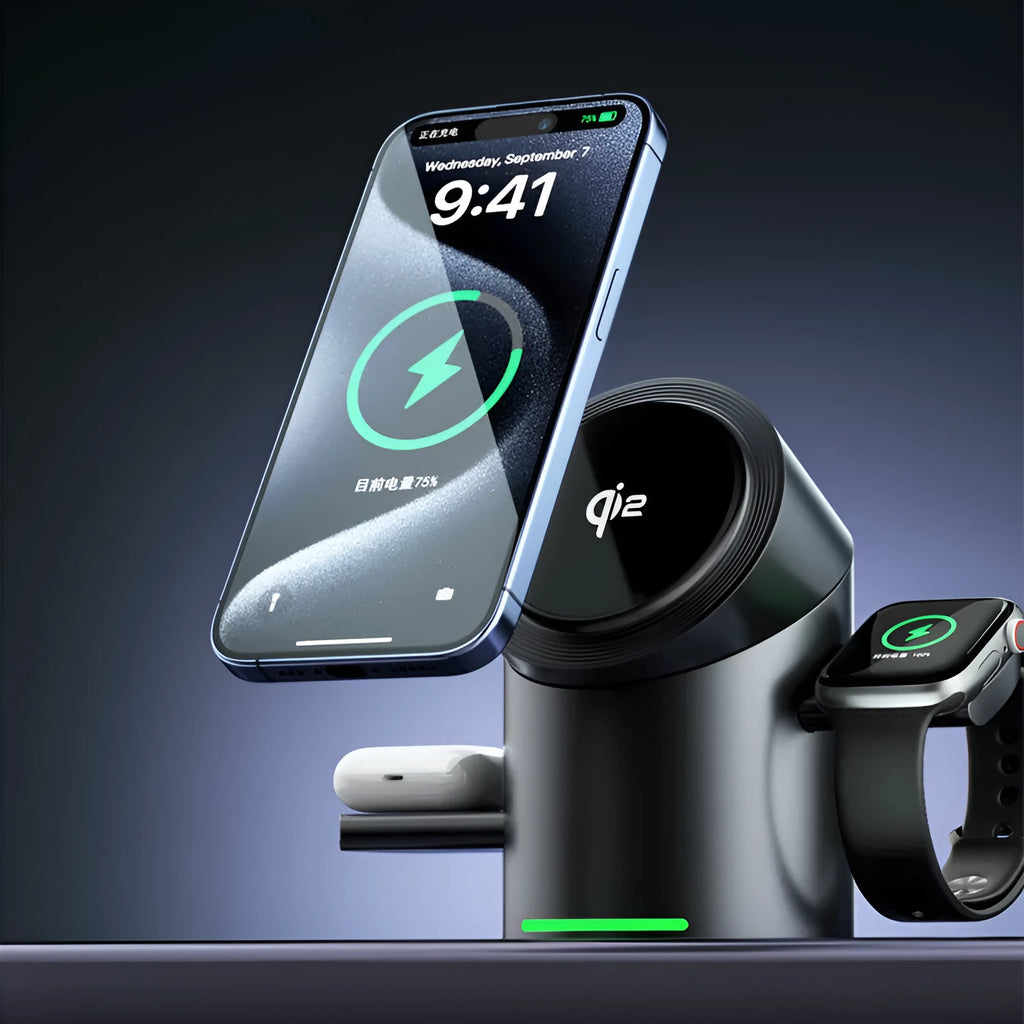 Three-in-one magnetic wireless charger stand in dark grey charging a phone, earphones, and Apple Watch