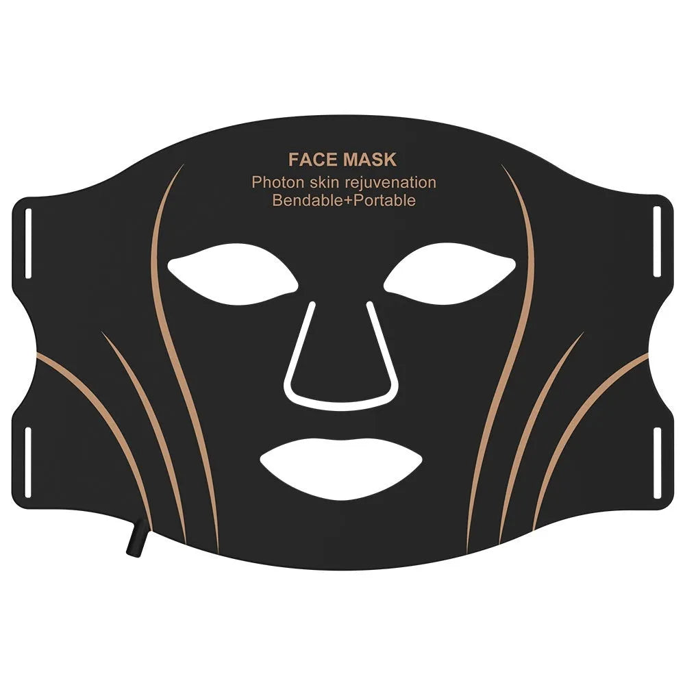 Black gold IPL LED facial mask device with headband and touch screen on a white background.