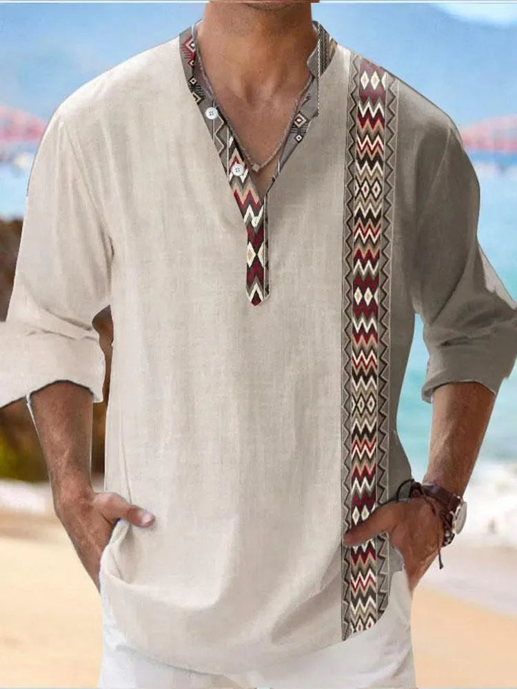 Thin striped long sleeve Hawaiian-style shirt in a digital bamboo linen pattern.