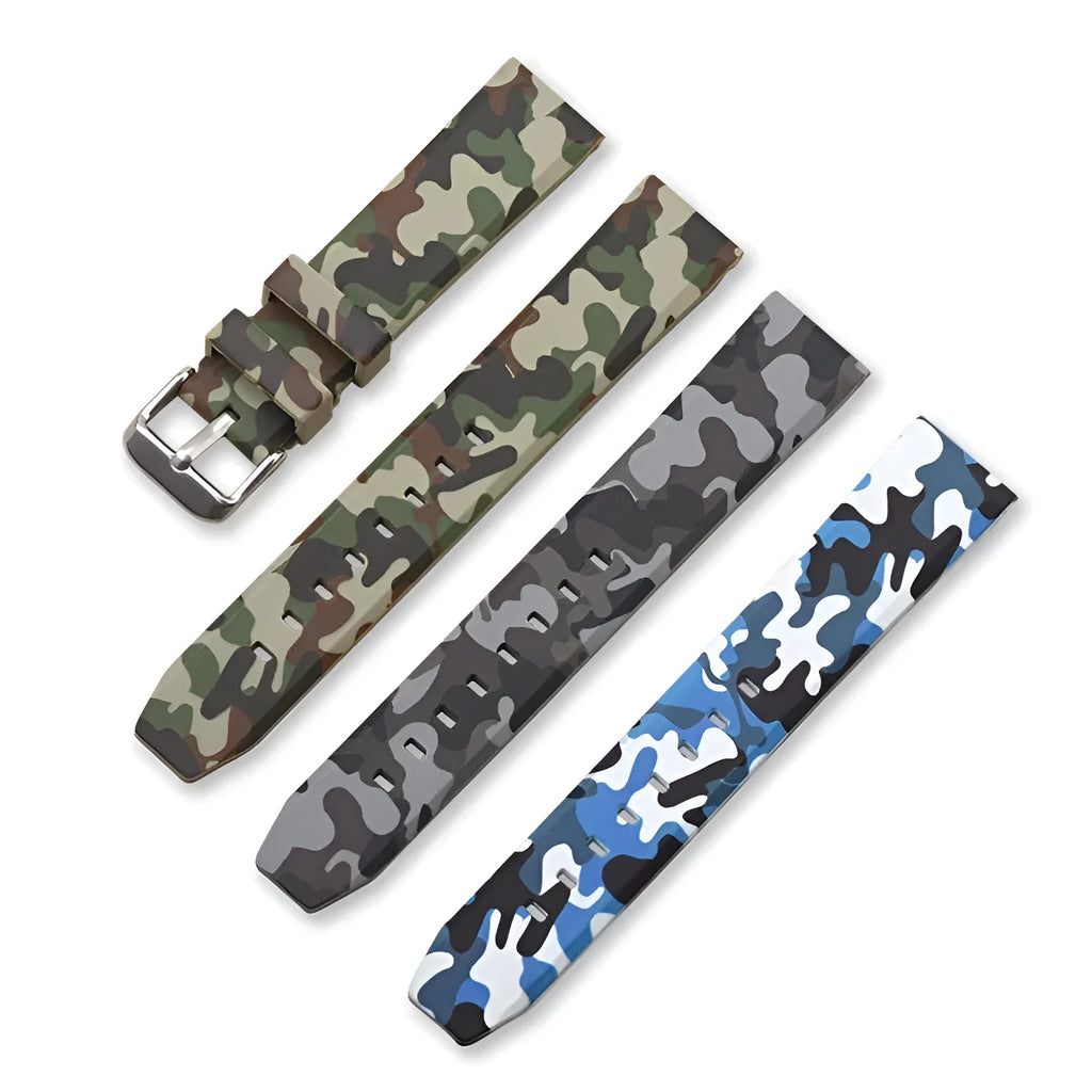 Green camouflage silicone watch strap showing 20mm lug width and buckle.