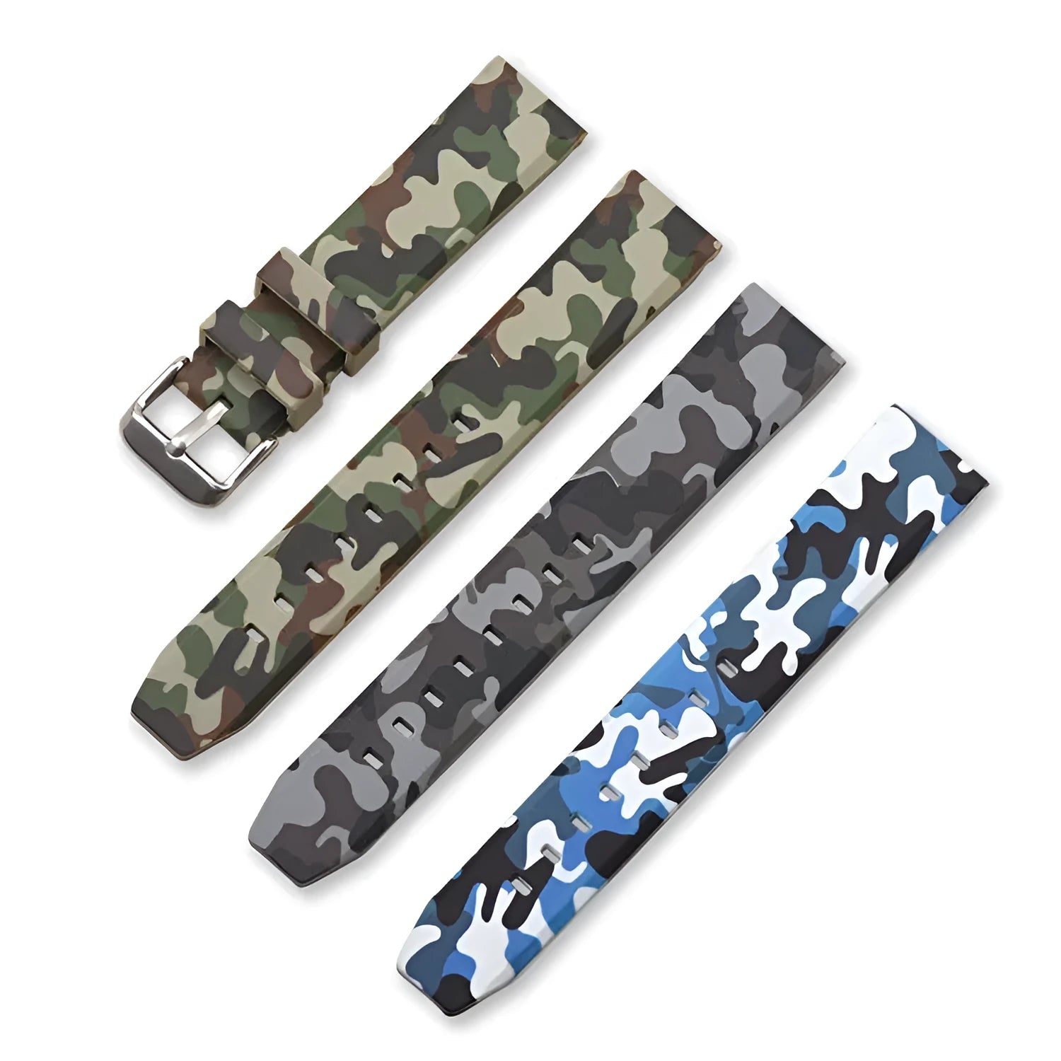Green camouflage silicone watch strap showing 20mm lug width and buckle.