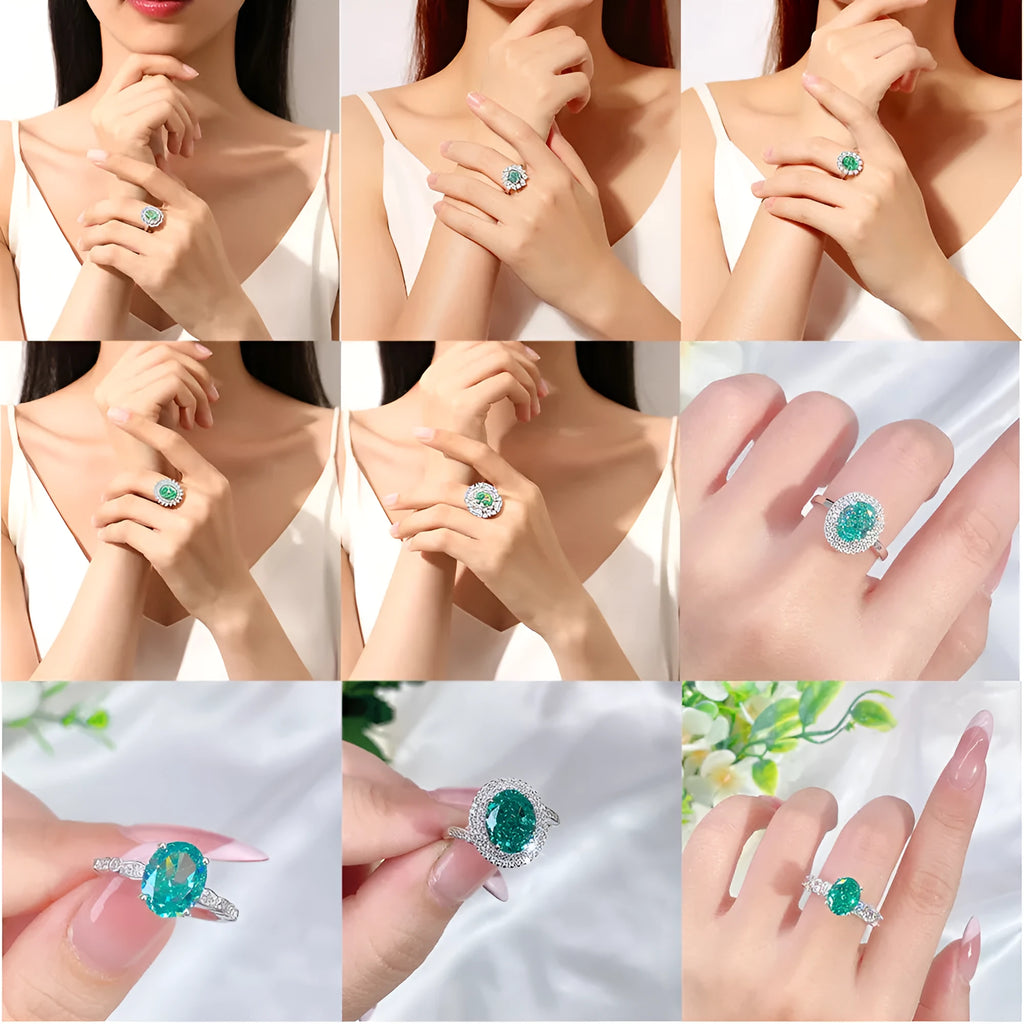 S925 sterling silver ring for women with a green emerald stone set using Palaibahao inlay and diamond accents.